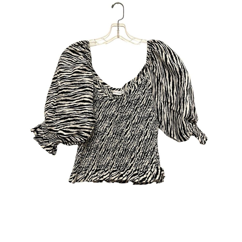 Faithfull‎ The Brand Tani Smocked Linen Blouse Size 8 Zebra Puff Sleeve Ruffle